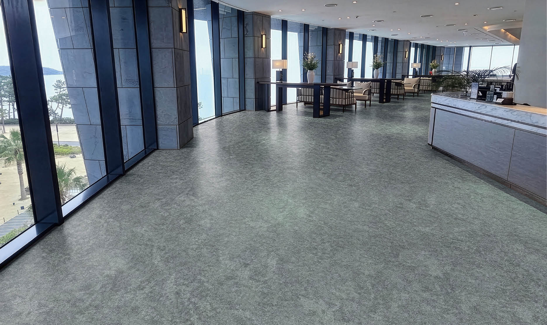 A hallway in a building with a carpeted floor and a row of elevators. AI generated content