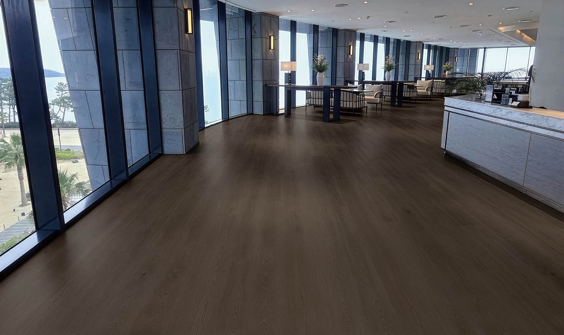 A hallway in a building with a large elevator and a mirrored wall. AI generated content