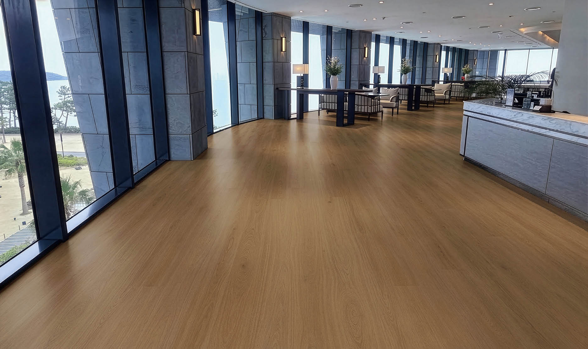 A hallway in a building with a long, narrow design. AI generated content